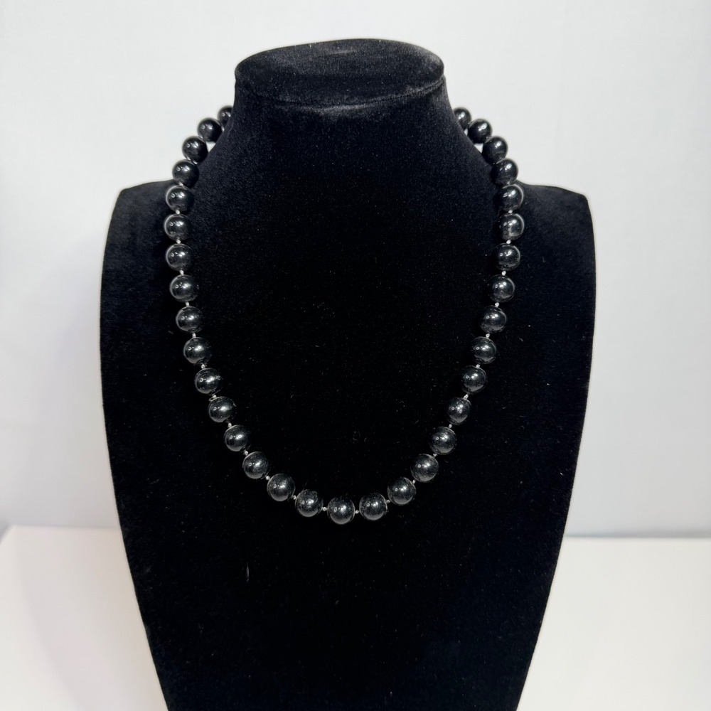 Vintage Black Round Beaded Necklace Gold Tone Spring Ring Clasp Classic Strand